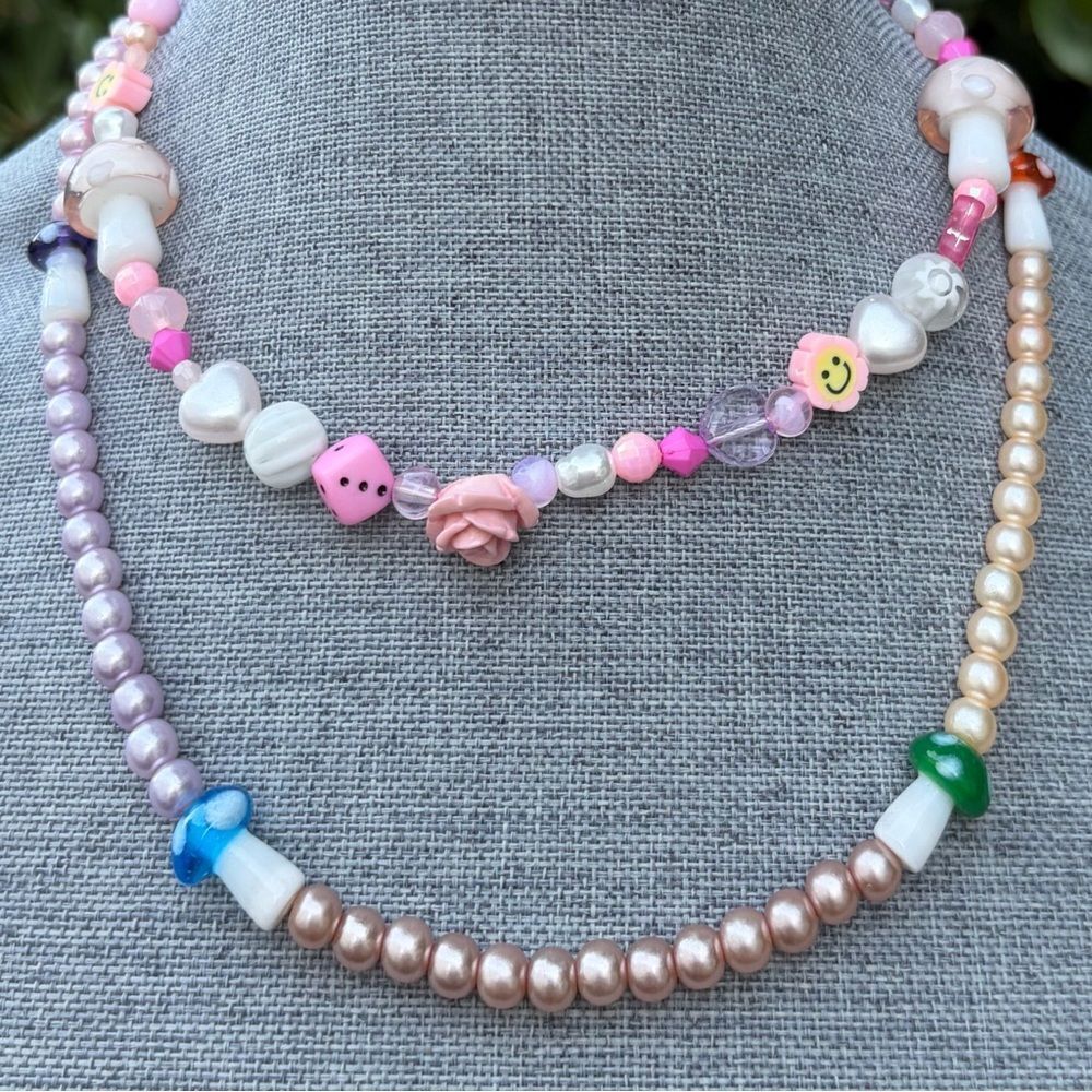Two (2) Urban Outfitters OU Layering Pink Mushroom Flower Heart Necklaces NWT
